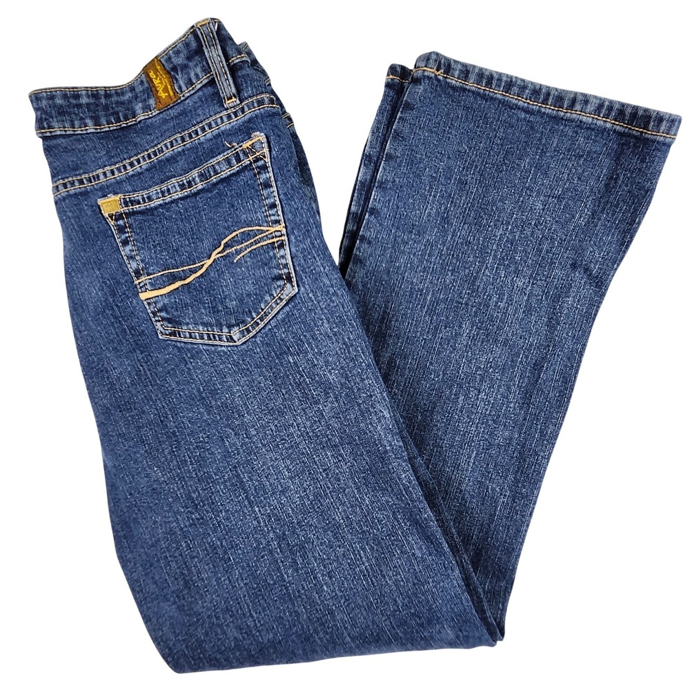 Wrangler Aura Jeans‎ Women 12P Blue Short Rise Bootcut Stretch Denim Stains